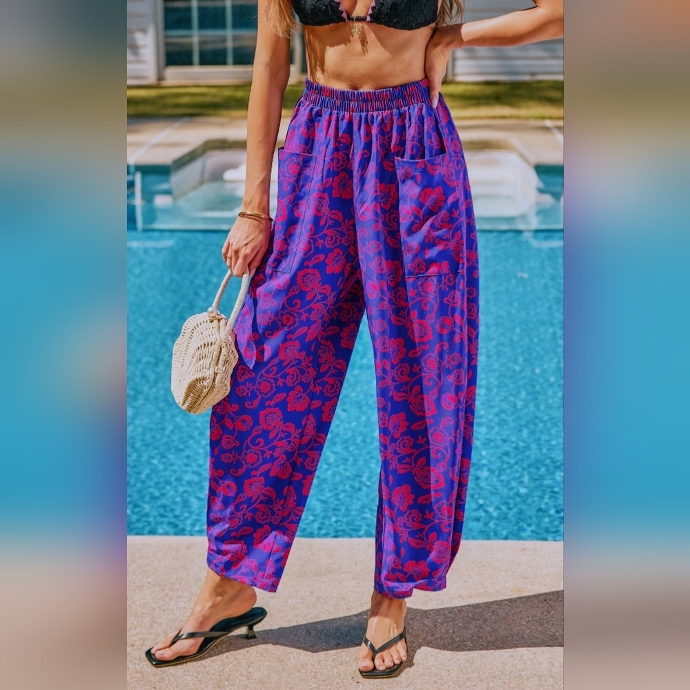 Cupshe Vibrant Blue and Red Sangria Sands Floral Cover Up Pants